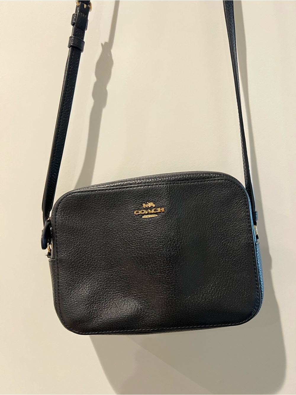 Coach Black Pebbled Leather Camera Crossbody with Gold Logo